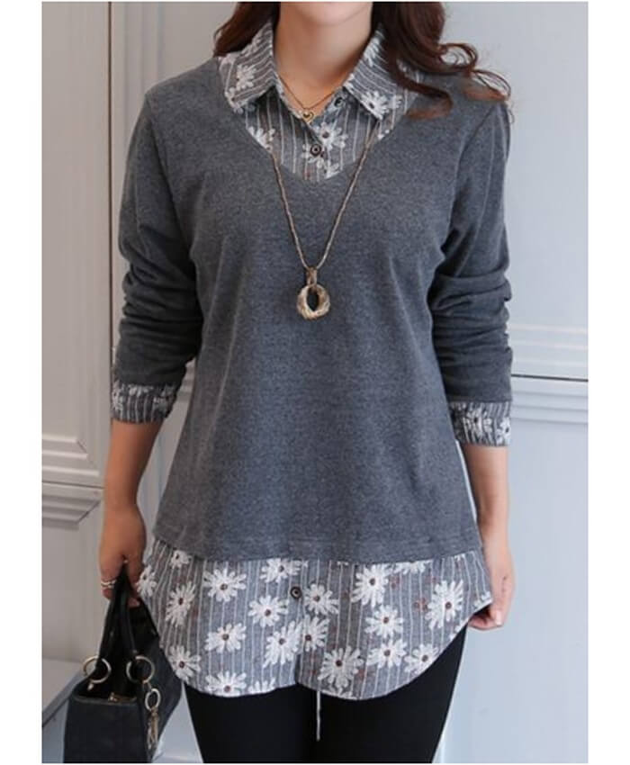 Turndown Collar Printed Faux Two Piece Blouse